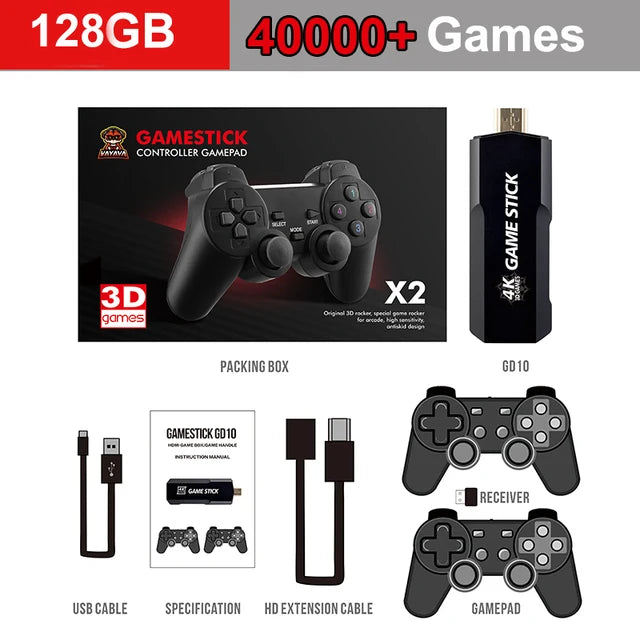 2023 New GD10 4K Game Stick 2.4G Wireless Controller HD Retro Video Game Consoles Emuelec4.3 System Over 40,000Games Installed