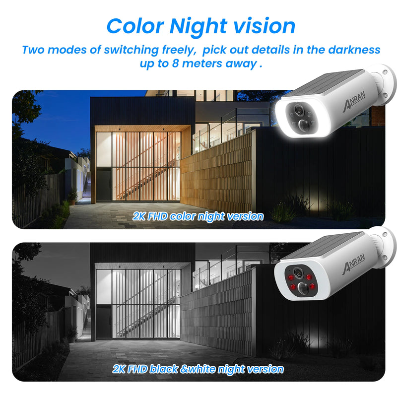 ANRAN Outdoor Solar Security Camera with Battery 3MP 2.4G WIFI Camera Battery Cloud Storage Color Night Vision Can't Add NVR