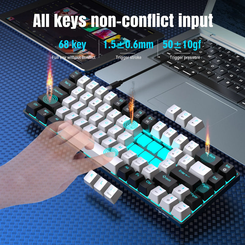 68 Keys Mechanical Keyboard Ergonomics RGB Backlit LED Hot Swappable Blue Switch Gaming Keyboard for PC Laptop Office