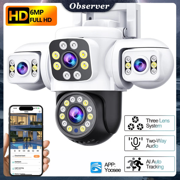 6MP WIFI Camera 2K Outdoor Three Lens Three Screens PTZ Cam Smart Home AI Auto Tracking Video Surveillance Security Protection