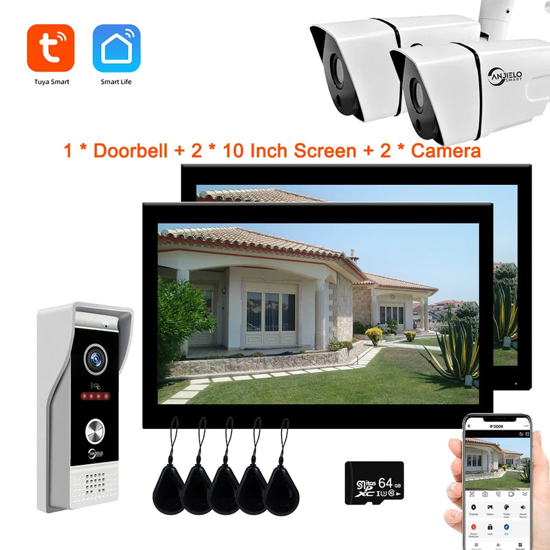 10 Inch Smart Tuya Home Video Intercom Wifi Touch Screen 1080P Video Doorbell Access Control Card Unlcok Door Phone Kit 64G Card