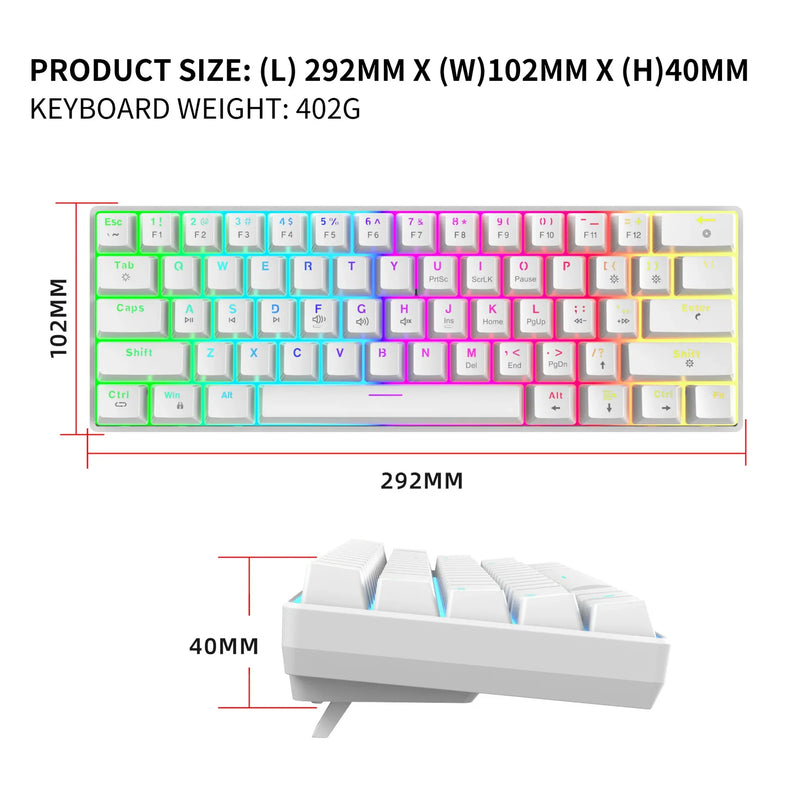 Bluetooth/USB Mechanical wireless keyboard 60% ergonomic 61-Key Gamer keyboards Gaming Computer key board white Backlit claviers