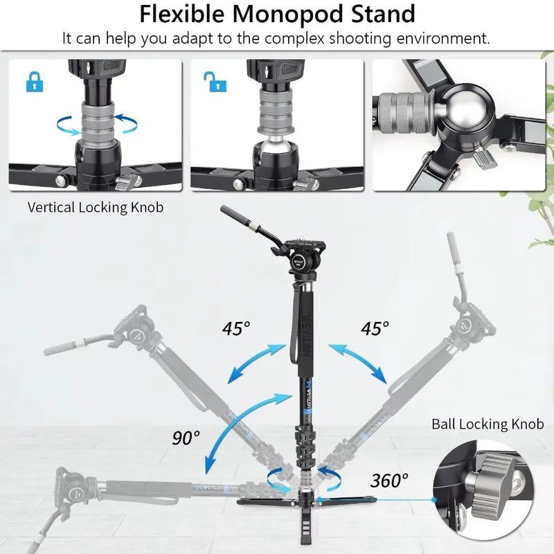 WEYLLAN KA7 Professional Video Monopod Kit Unipod and Fluid Head Travel Tripod Stand Telescopic Handheld Monopod For DSLR Camera