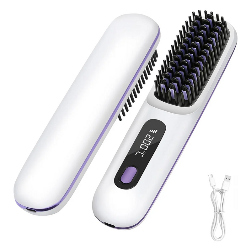 Portable Cordless Hair Straightener Brush with LED Display ,Negative Ion Hot Comb, USB Rechargeable Travel Essential