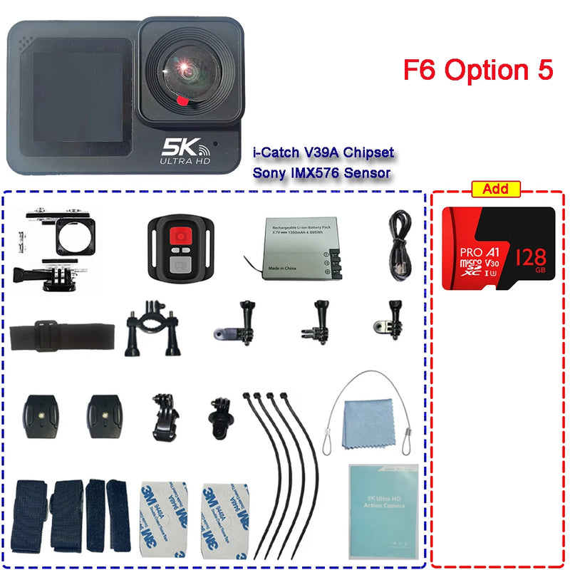 Action Camera F6W Wireless Mic 5K 4K60FPS 48MP 2.2" Touch LCD EIS Dual Screen Wi-Fi 170D Waterproof 30M 8X Zoom Sports Camera