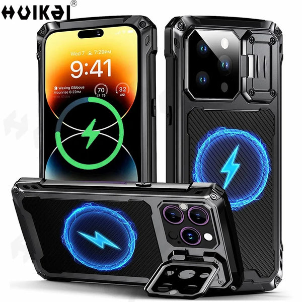 Metal Case For iPhone 15 Pro 14 Pro Max Rugged  empered Glass Screen Protector Camera Protection Armor MagSafe Magnetic Covers