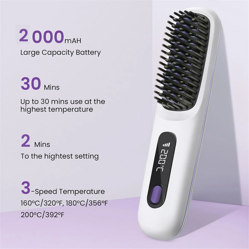 Portable Cordless Hair Straightener Brush with LED Display ,Negative Ion Hot Comb, USB Rechargeable Travel Essential