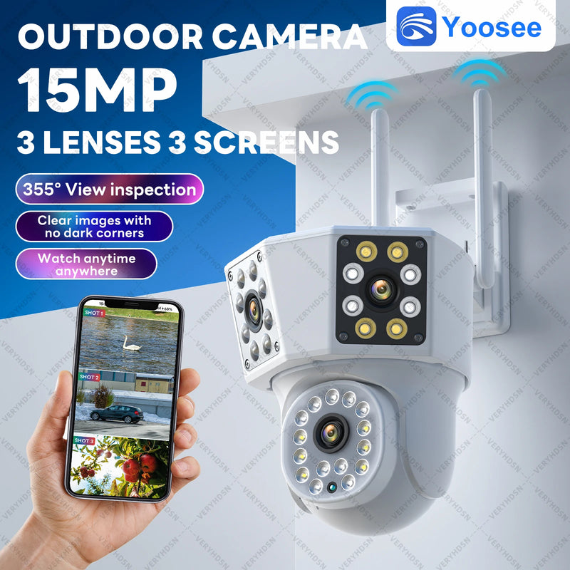 8K 15MP WiFi Outdoor Camera 8X Zoom Three Len Ai Motion Tracking PTZ 6K Video Camera Security Protection Waterproof Surveillance