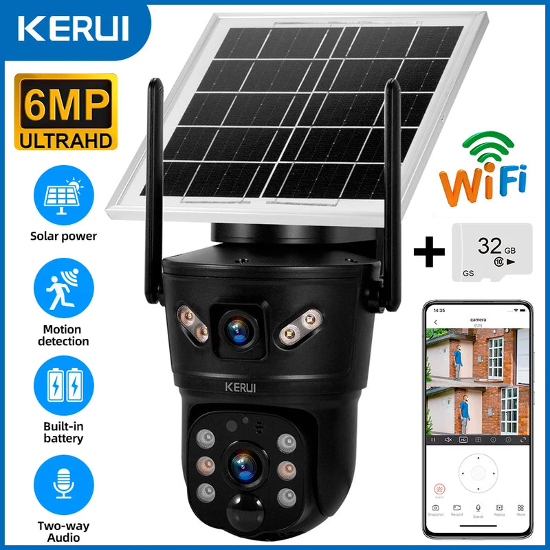 KERUI Outdoor 6MP Solar Camera 4G SIM WIFI Solar Panel Dual Lens Camera Waterproof Home Security CCTV Video Surveillance V380pro