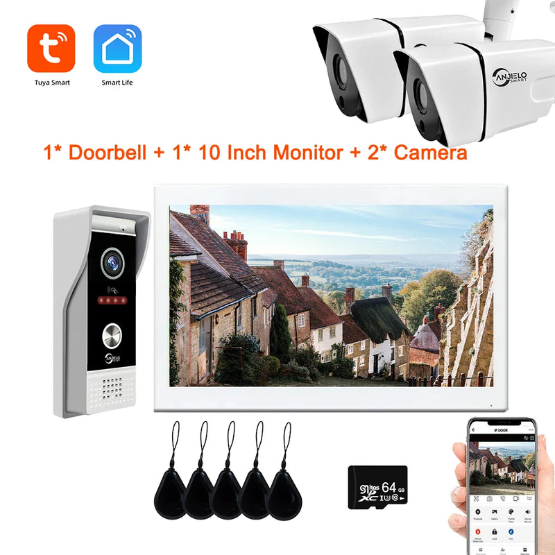 10 Inch Smart Tuya Home Video Intercom Wifi Touch Screen 1080P Video Doorbell Access Control Card Unlcok Door Phone Kit 64G Card