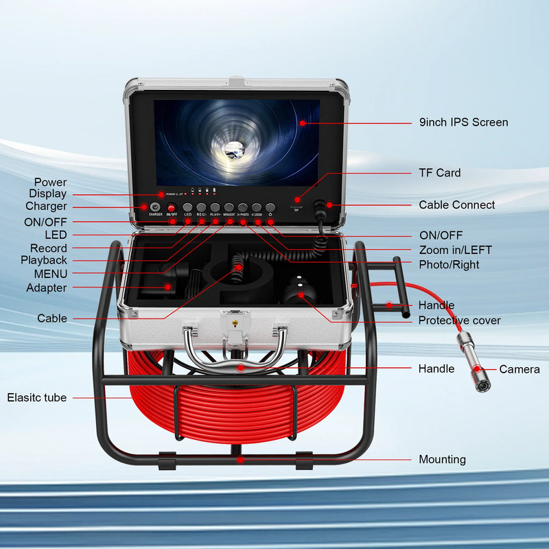 Sewer Pipe Camera 9" Monitor DVR Pipe Inspection Camera Recording 17MM Drain Sewer Pipeline Industrial Endoscope With 16G Card