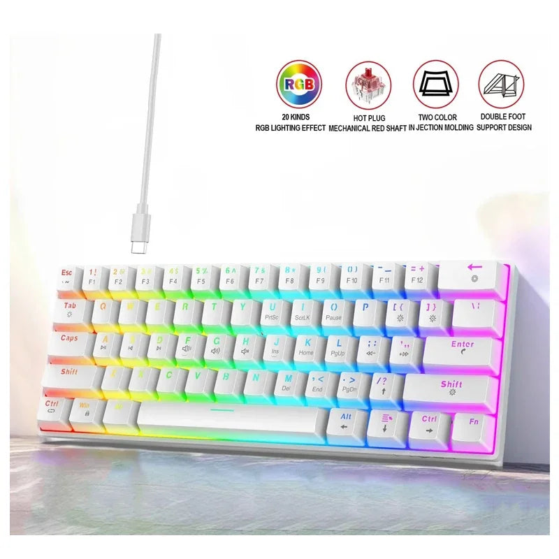 Bluetooth/USB Mechanical wireless keyboard 60% ergonomic 61-Key Gamer keyboards Gaming Computer key board white Backlit claviers