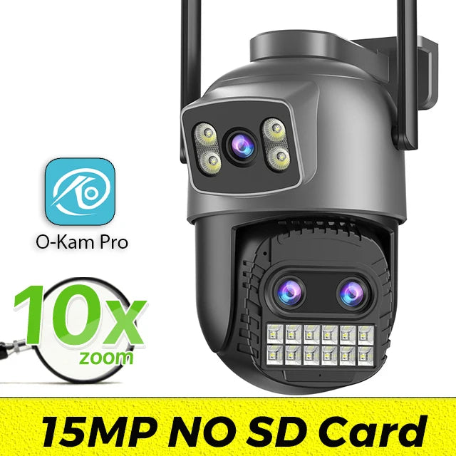 Outdoor Dual Screen IP Camera, 15MP, WiFi, PTZ,10X Digital Zoom,4K,Human Detection, Security Camera, Surveillance, O-Kam Pro App