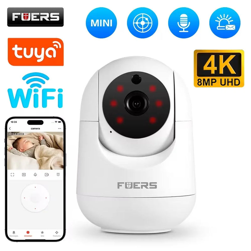 Fuers 4K 8MP IP Camera Tuya Smart Home Indoor WiFi Wireless Surveillance Camera Automatic Tracking CCTV Security Baby Monitor