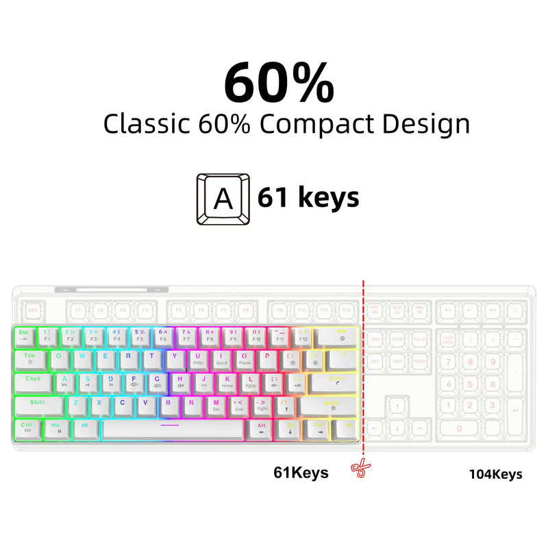 Bluetooth/USB Mechanical wireless keyboard 60% ergonomic 61-Key Gamer keyboards Gaming Computer key board white Backlit claviers