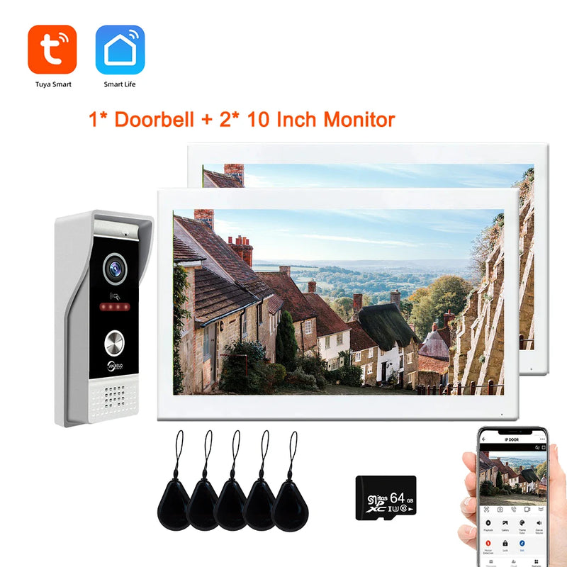 10 Inch Smart Tuya Home Video Intercom Wifi Touch Screen 1080P Video Doorbell Access Control Card Unlcok Door Phone Kit 64G Card