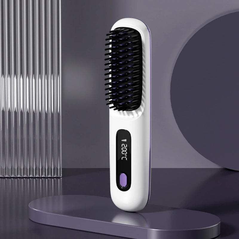 Electric LCD Usb Ceramic Heating Straight Hair Comb Wireless Portable Negative Ion Styling Tool Rechargeable Straightening Brush