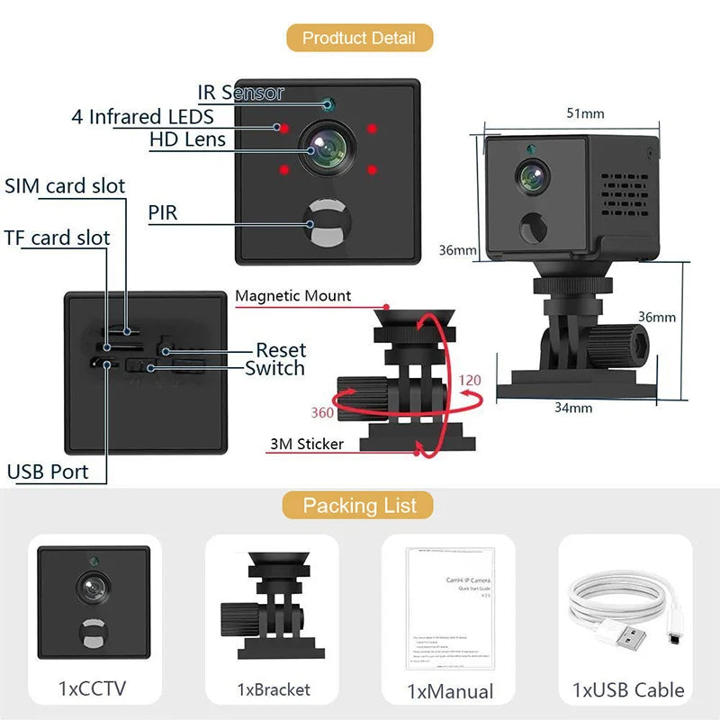 5MP Mini Camera 4G SIM CardCamera Human Motion Detection Night Vision Security CCTV Surveillance Camcorder Video Recorder