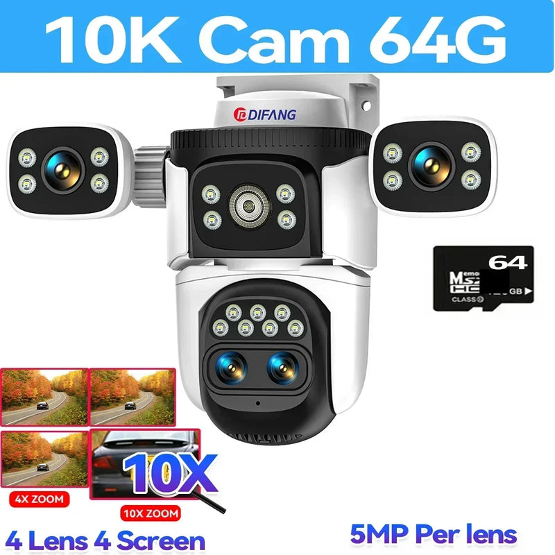 WiFi Camera 10K Four Lens 20MP Four Screens Optical 10X Zoom CCTV Video Camera Auto Tracking 360° Surveillance Security Camera