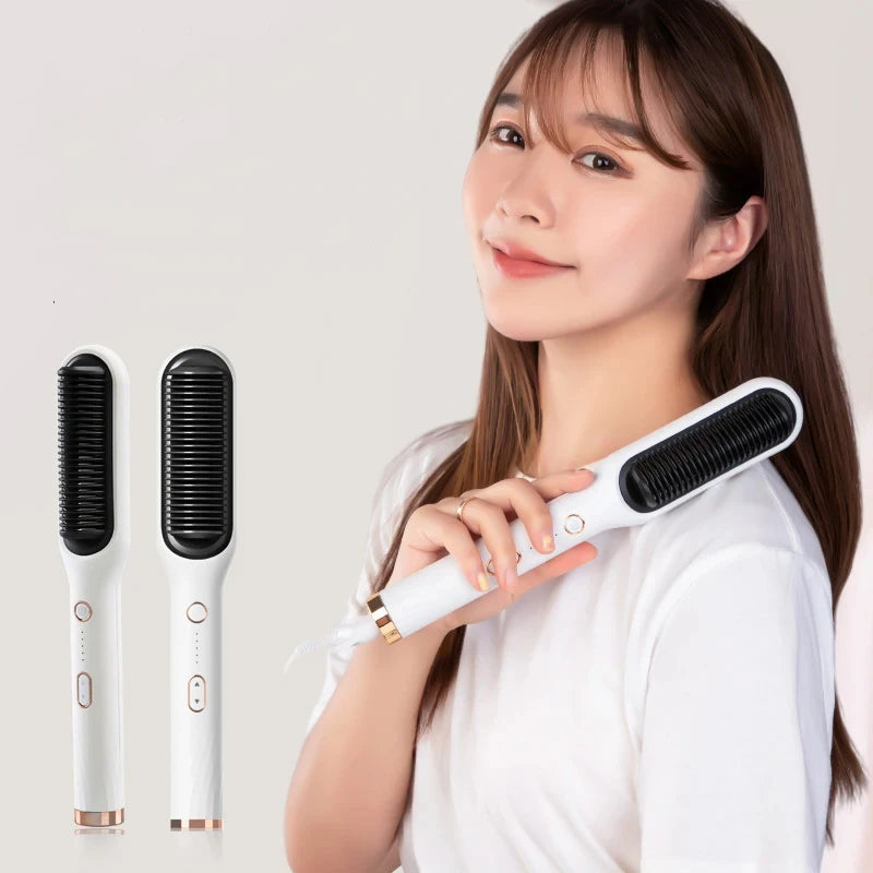 Hot Sale 2 In 1 Electric Professional Negative Ion Hair Straightener Brush Curling Comb  Hair Curling Tool Straight Brush