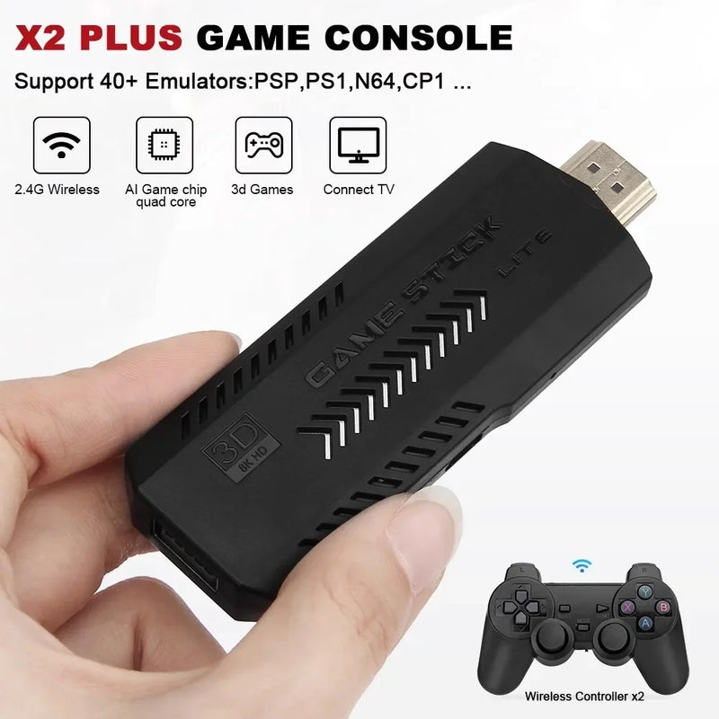 New X2 Plus Game Stick 4K HD Video Game Console 2.4G Double Wireless Controller Game Stick For N64/PSP/PS1/GBA